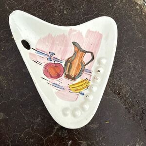 Vintage MCM ashtray ceramic hand painted still art eclectic retro white